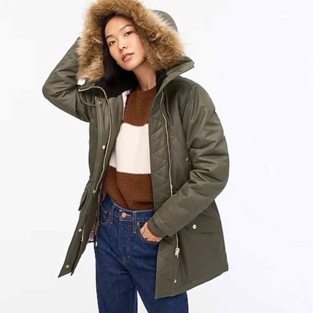 J Crew Perfect Winter Parka Olive Green Faux Fur Trim in Small